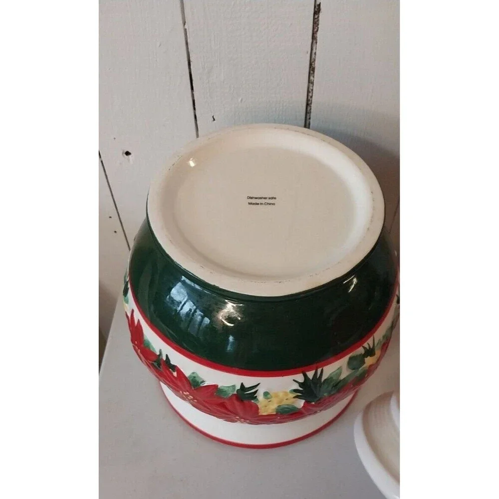 Ceramic Christmas Poinsettia Cookie Jar Canister Holiday Handpainted w/Box